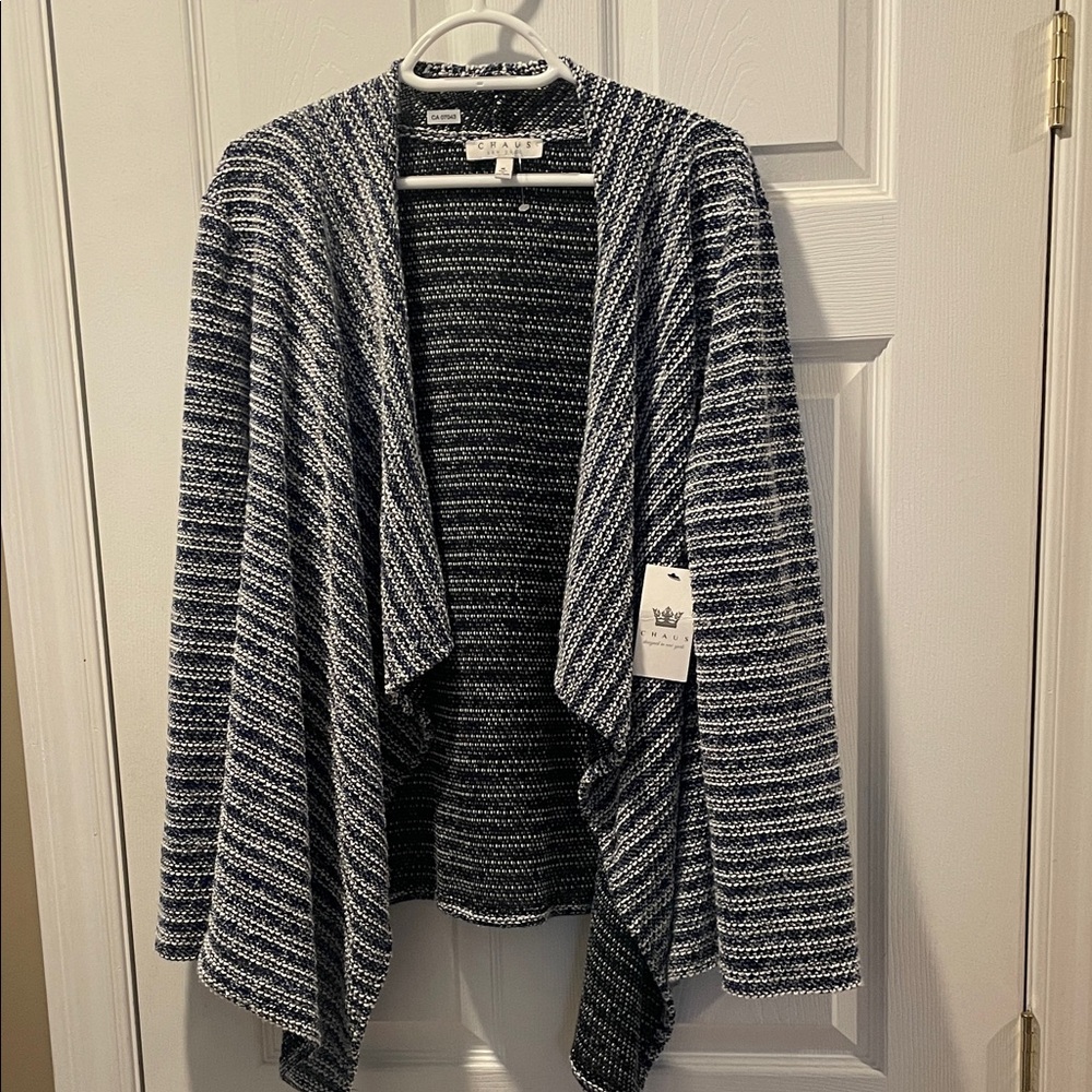 Chaus Navy and White Open Front Cardigan
